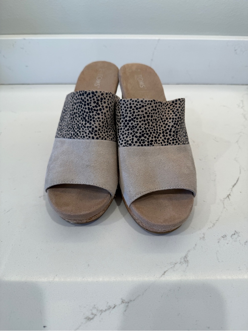 TOMS Taupe Suede Slide Wedges with Speckled Band